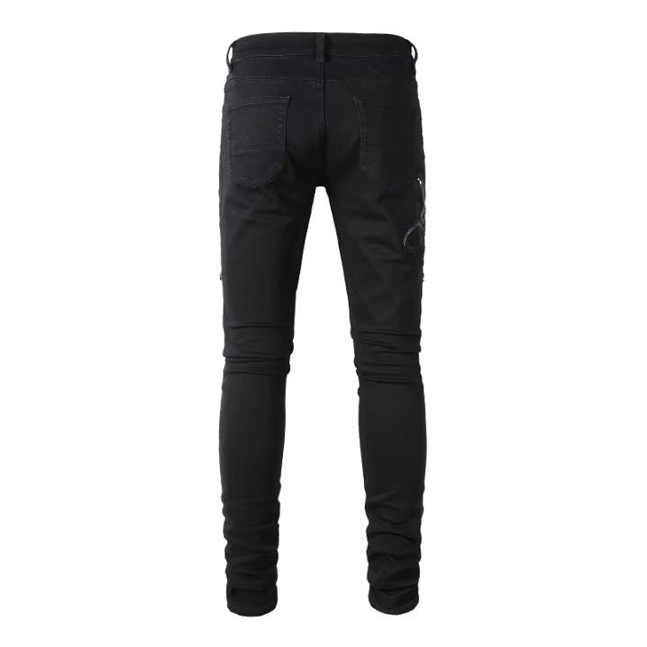 Men's Skinny Fit Black Torn Jeans with Embroidered Snake and Patchwork