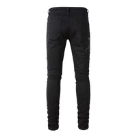 Men's Skinny Fit Black Torn Jeans with Embroidered Snake and Patchwork