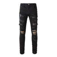 Men's Skinny Fit Black Torn Jeans with Embroidered Snake and Patchwork