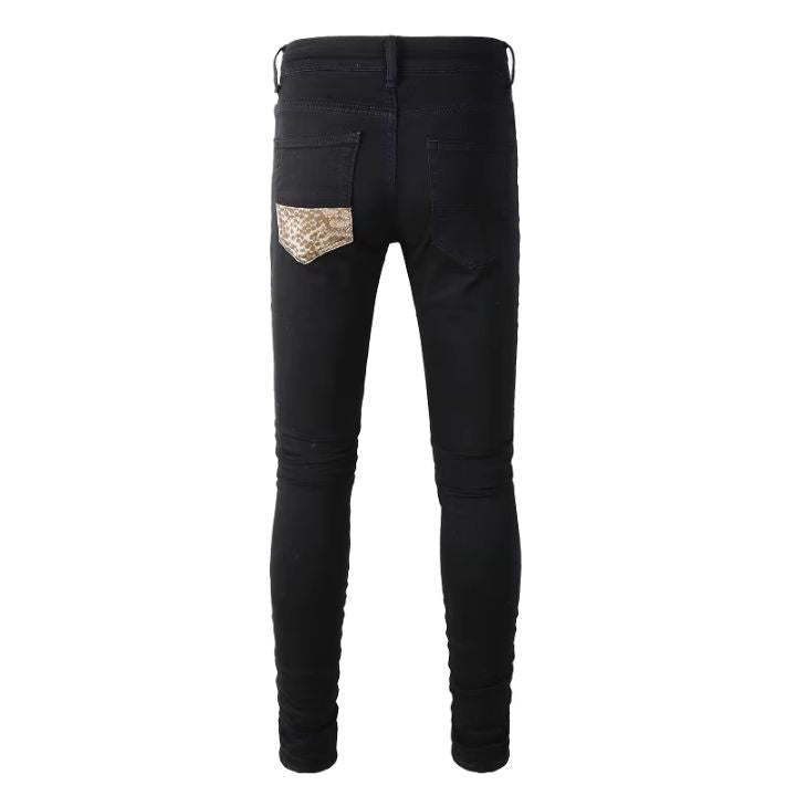 Men's Slim-Cut Black Torn Jeans with Snake Skin Patchwork