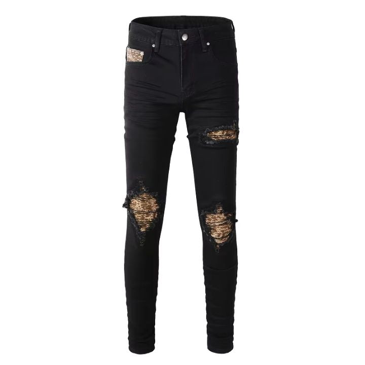 Men's Slim-Cut Black Torn Jeans with Snake Skin Patchwork