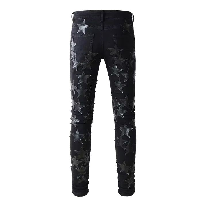 Men's Black Ripped Street-Style Denim Pants with Leather Star Pieced Design