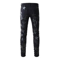 Men's Black Ripped Street-Style Denim Pants with Leather Star Pieced Design