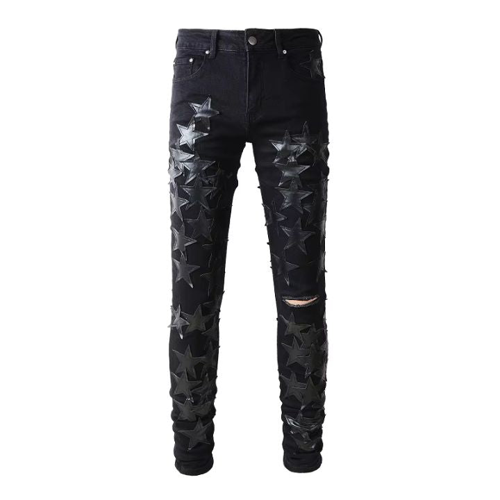 Men's Black Ripped Street-Style Denim Pants with Leather Star Pieced Design
