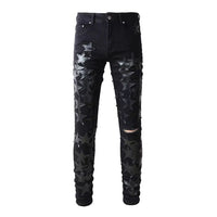 Men's Black Ripped Street-Style Denim Pants with Leather Star Pieced Design