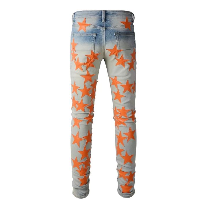 Men's Light Blue Distressed Denim Pants with Yellow Star Patch Detail