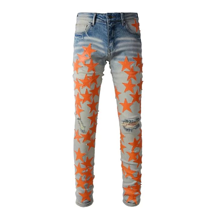 Men's Light Blue Distressed Denim Pants with Yellow Star Patch Detail