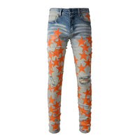 Men's Light Blue Distressed Denim Pants with Yellow Star Patch Detail