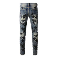 Men's Light Blue Torn Denim Pants with Black Star Patch Detail