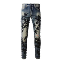 Men's Light Blue Torn Denim Pants with Black Star Patch Detail