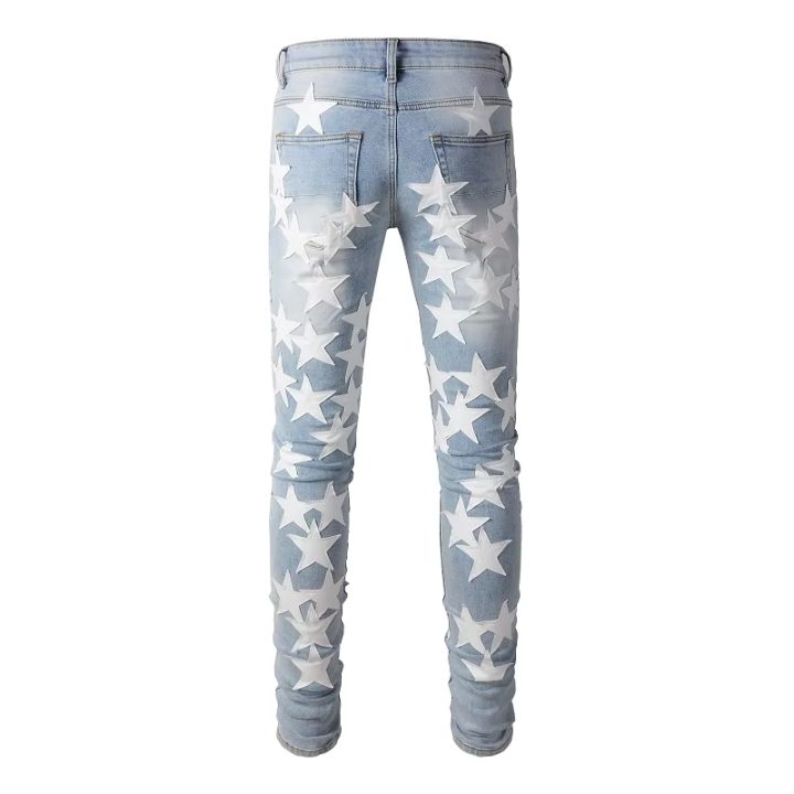 Men's Light Blue Torn Denim Pants with Leather White Star Pieced Design