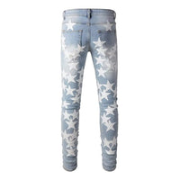 Men's Light Blue Torn Denim Pants with Leather White Star Pieced Design