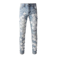 Men's Light Blue Torn Denim Pants with Leather White Star Pieced Design