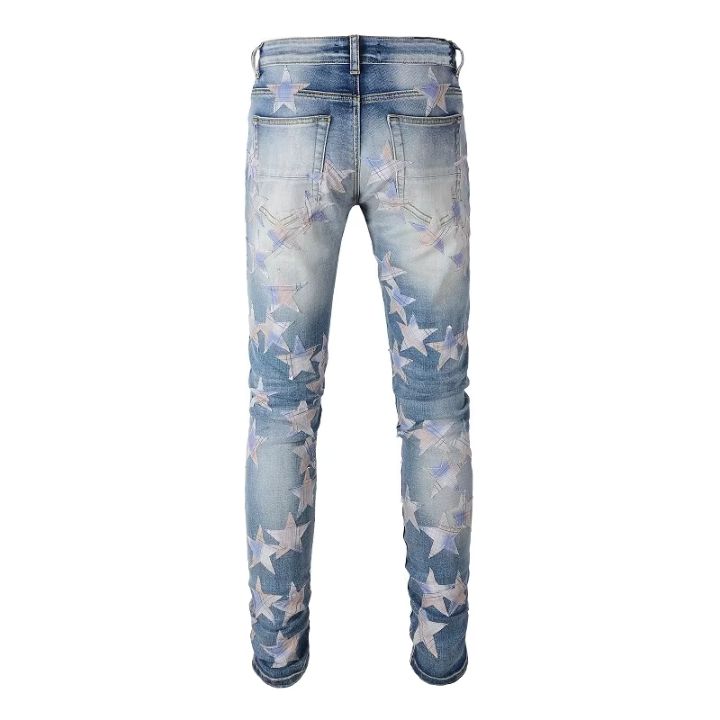Men's Light Blue Distressed Denim Pants with Star Pieced Design