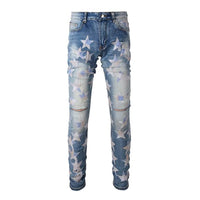 Men's Light Blue Distressed Denim Pants with Star Pieced Design