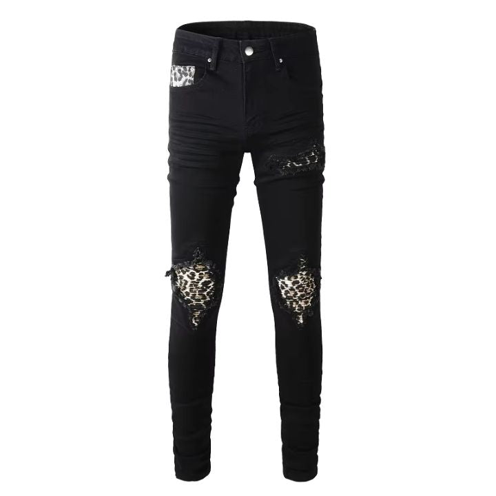 Men's Black Ripped Stretch Jeans with Leopard Print and Ribbed Pieced Design