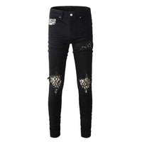 Men's Black Ripped Stretch Jeans with Leopard Print and Ribbed Pieced Design