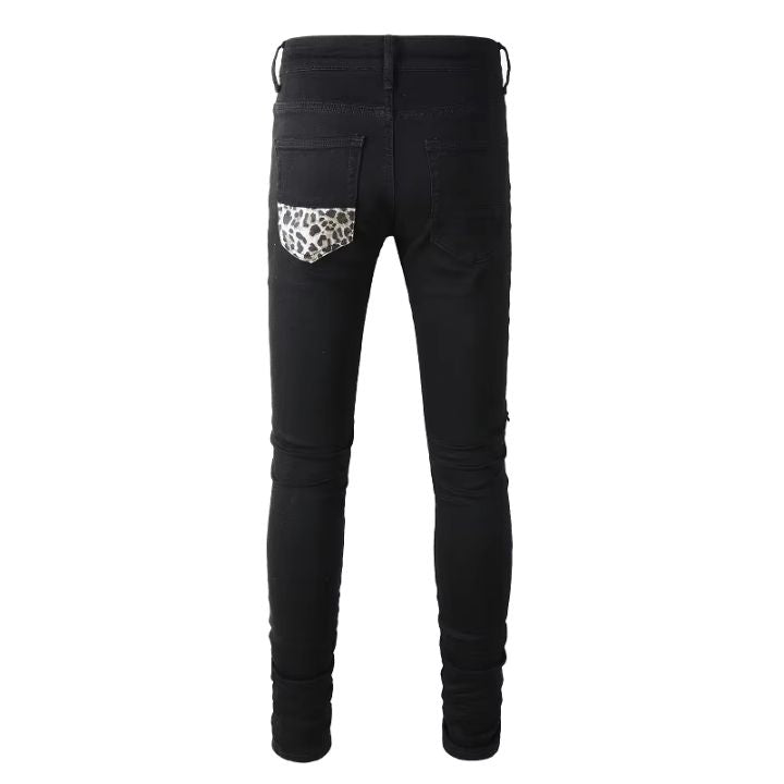 Men's Black Ripped Stretch Jeans with Leopard Print and Ribbed Pieced Design