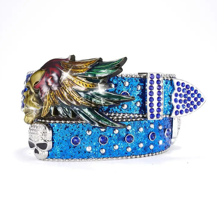 Blue Sparkle Skull & Feather Western Belt