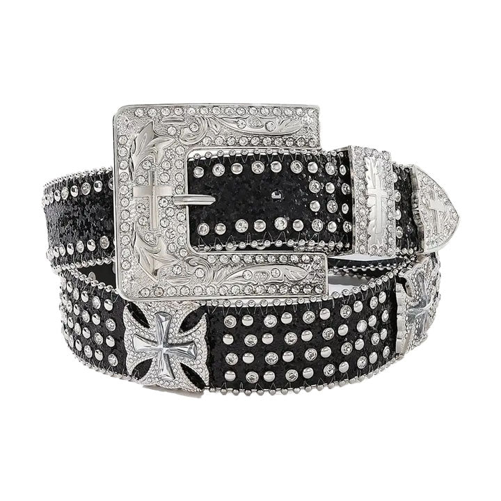 Black Rhinestone Cross Western Waist Belt