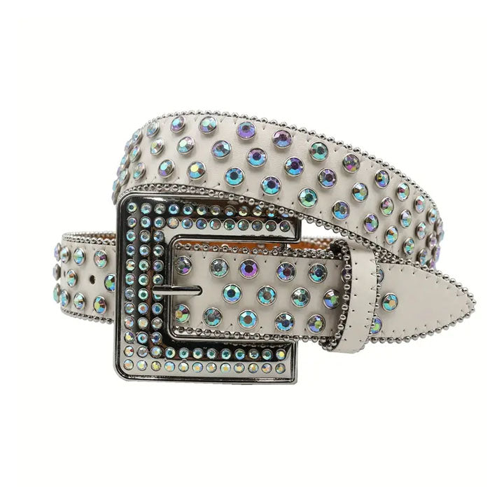 White Iridescent Rhinestone Western Waist Belt