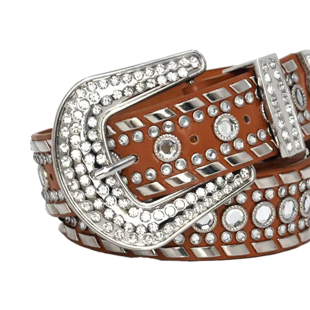 Western Faceted Crystal Rhinestone Belt Brown with Silver Studs