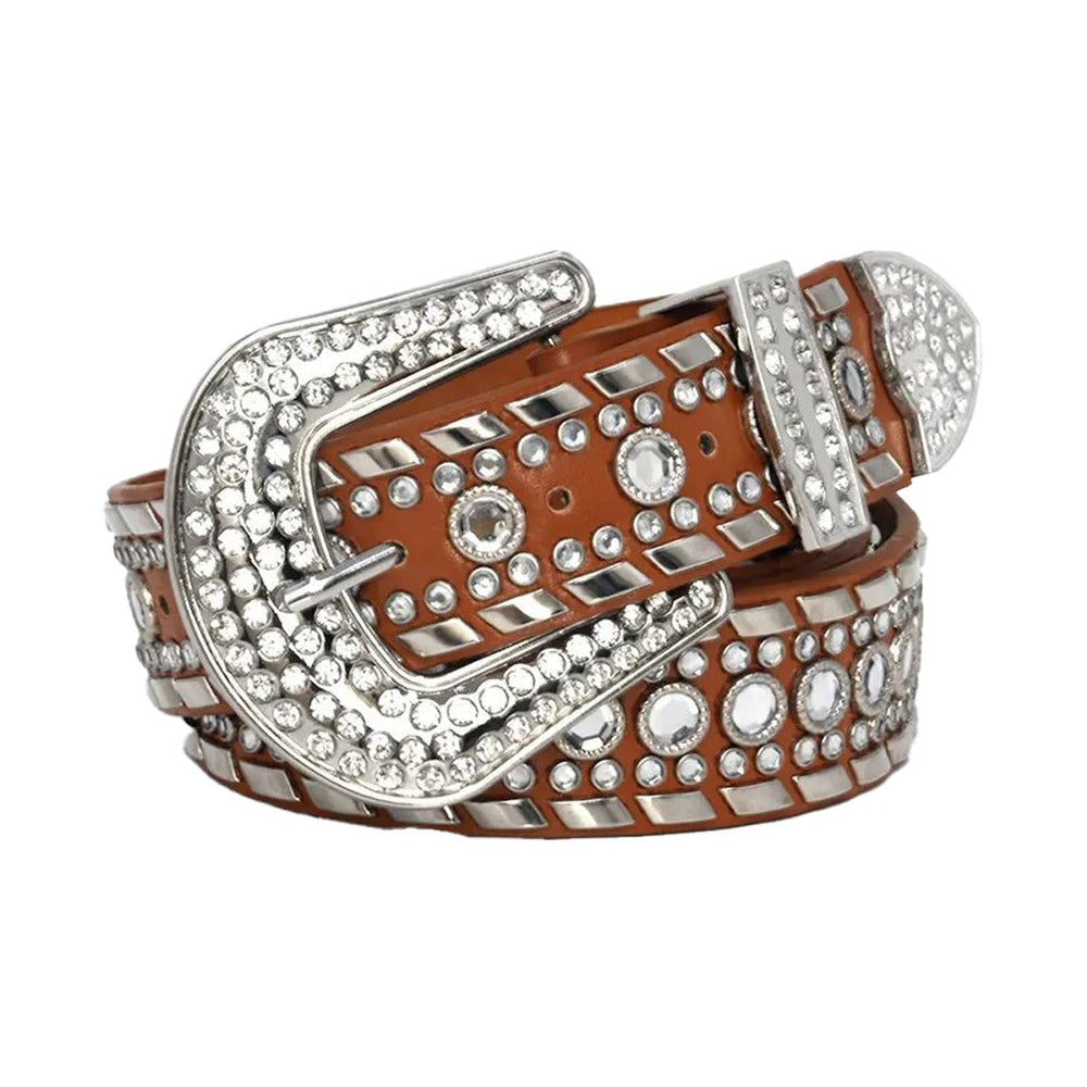 Western Faceted Crystal Rhinestone Belt Brown with Silver Studs