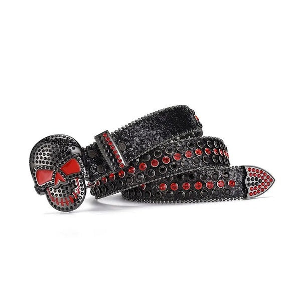 Skull Buckle Black Strap With Black & Red Adorned Rhinestone Belt