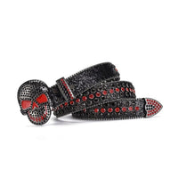 Skull Buckle Black Strap With Black & Red Adorned Rhinestone Belt