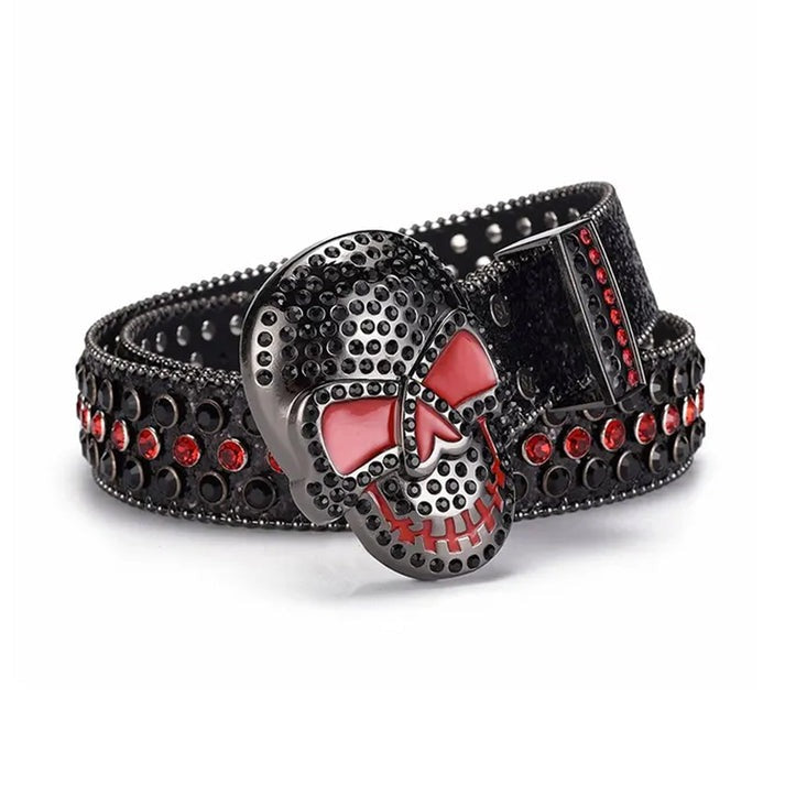 Skull Buckle Black Strap With Black & Red Adorned Rhinestone Belt
