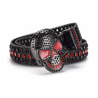 Skull Buckle Black Strap With Black & Red Adorned Rhinestone Belt