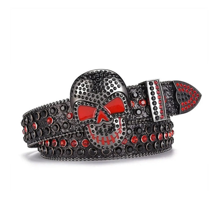 Skull Buckle Black Strap With Black & Red Adorned Rhinestone Belt