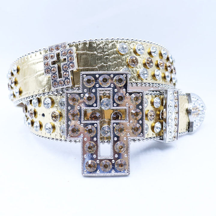 Dazzling Rhinestone Waist Belt with Unique Cross-Shaped Buckle