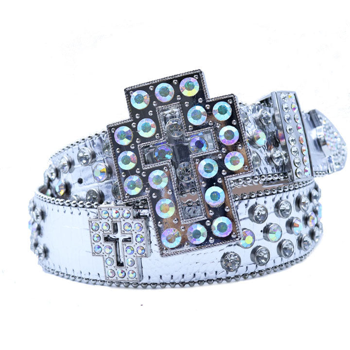 Dazzling Rhinestone Waist Belt with Unique Cross-Shaped Buckle