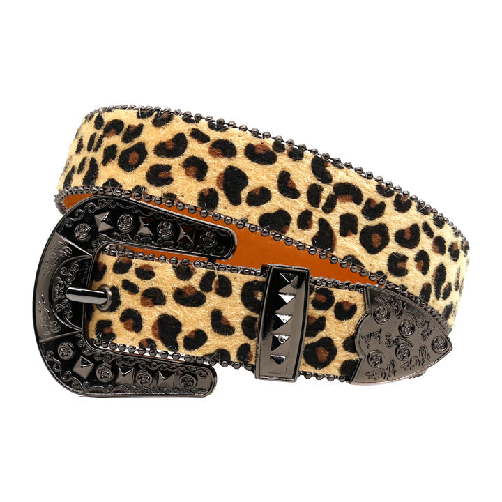 Leopard Print Fur Belt with Black Encrusted Buckle