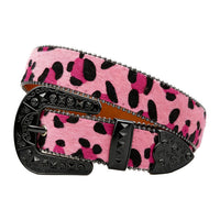 Leopard Print Fur Belt with Black Encrusted Buckle