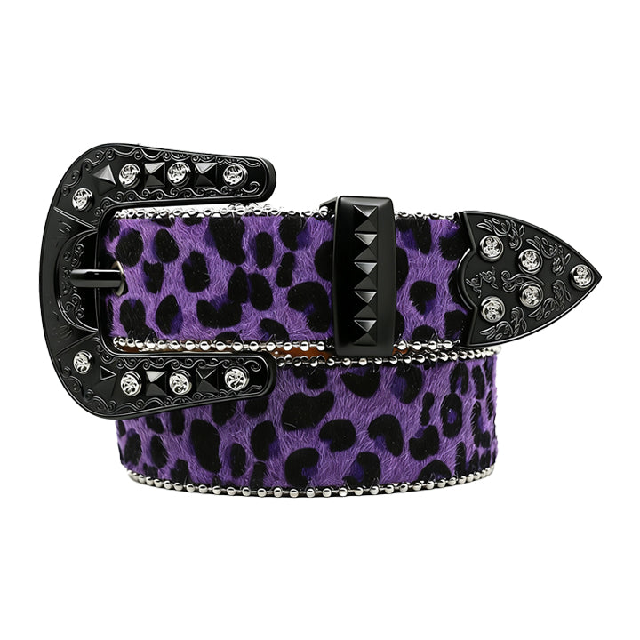 Leopard Print Fur Belt with Black Encrusted Buckle