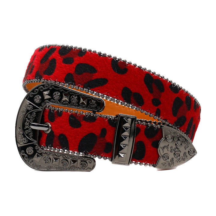 Leopard Print Fur Belt with Black Encrusted Buckle