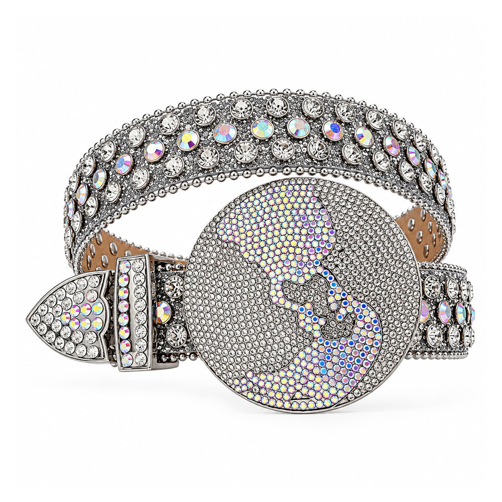 Silver Glitter Rhinestone Belt with Round Globe Buckle - front view