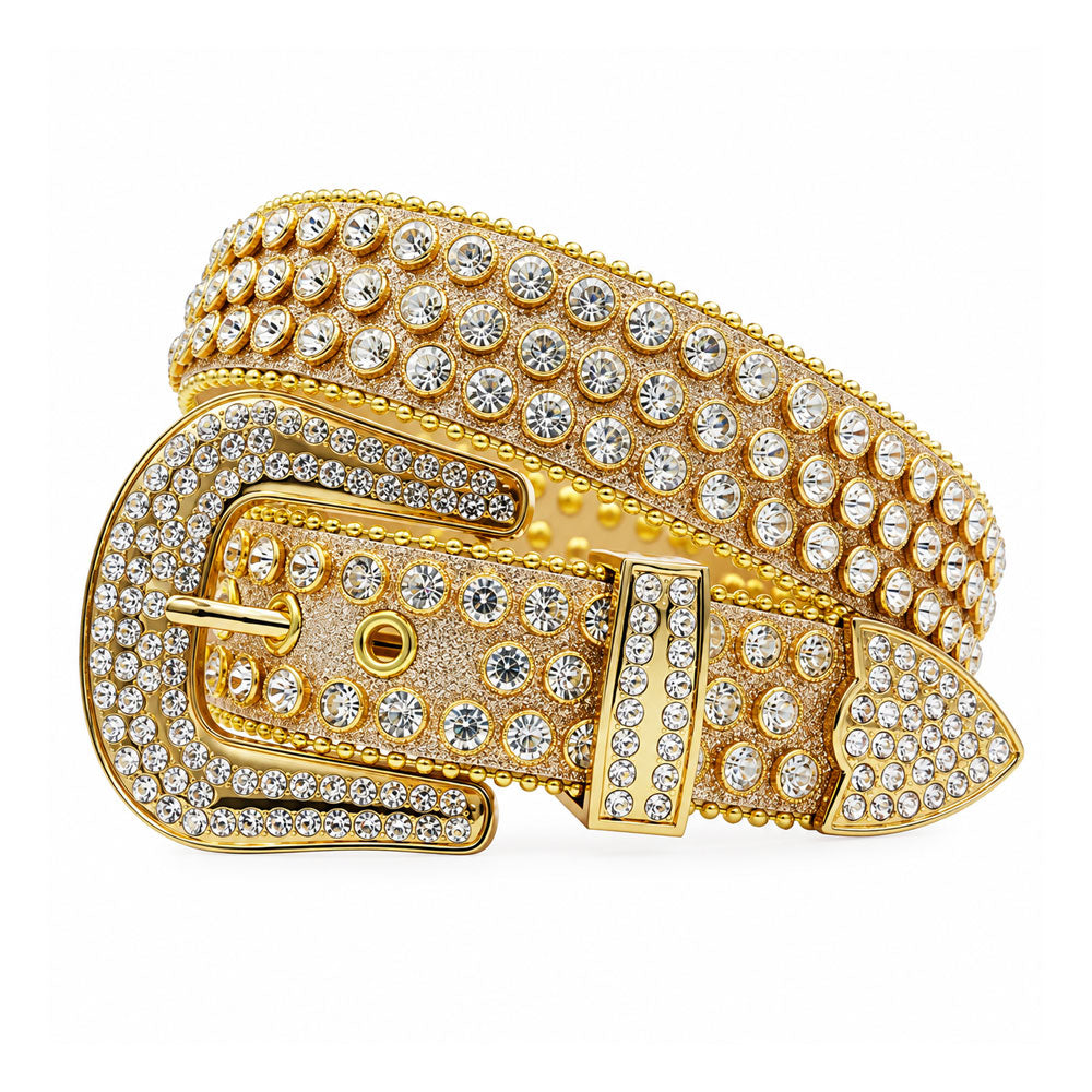Gold Glitter Rhinestone Western Belt with Gold Buckle - front view