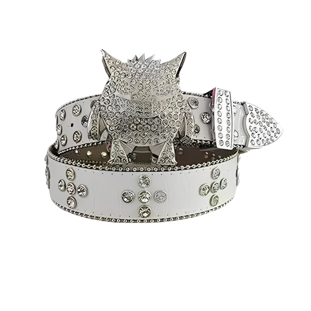 White Rhinestone Belt with Faceted Crystal Embellished Monster Buckle