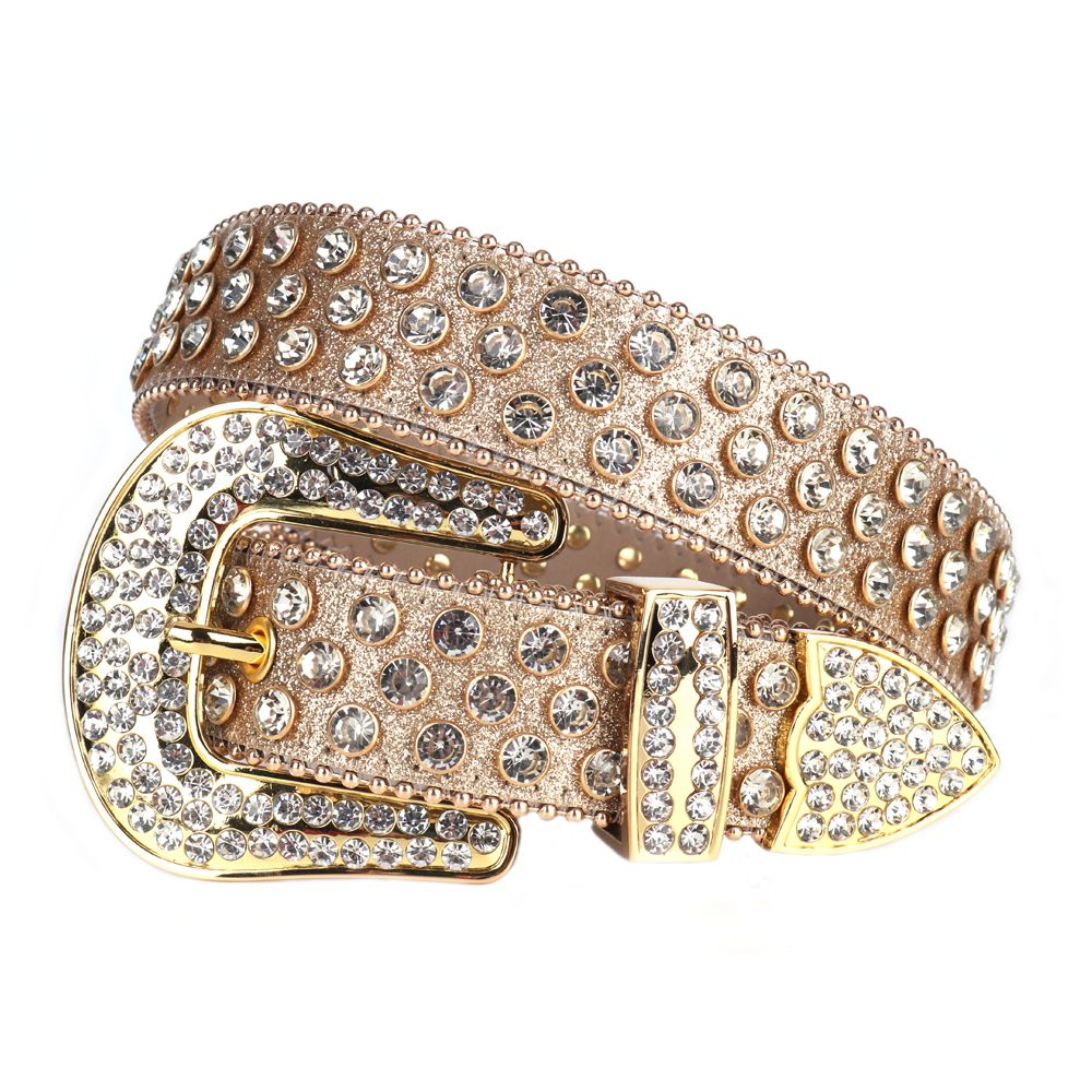 Crystal-Studded Shimmer Gold Leather Belts With Gold Buckle Studded   White Studs