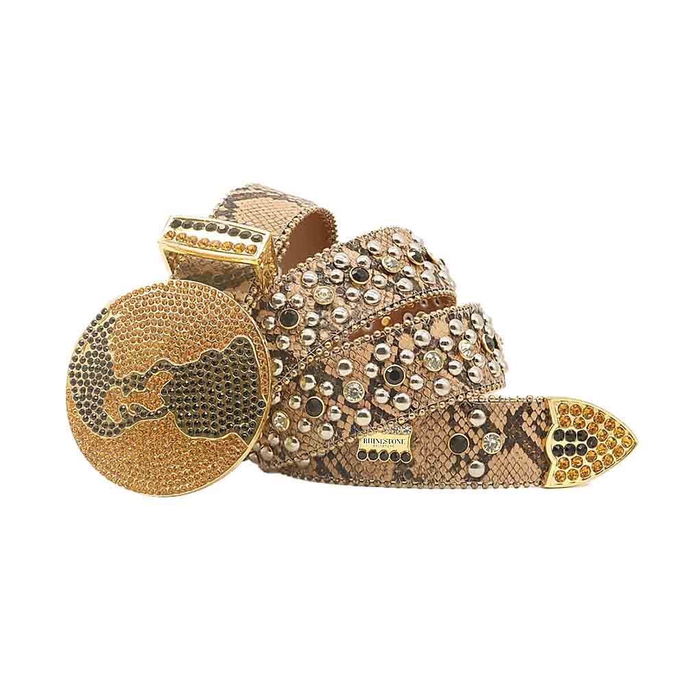 Globe Buckle Gold Strap With Black & Gold Encrusted Rhinestone Belt