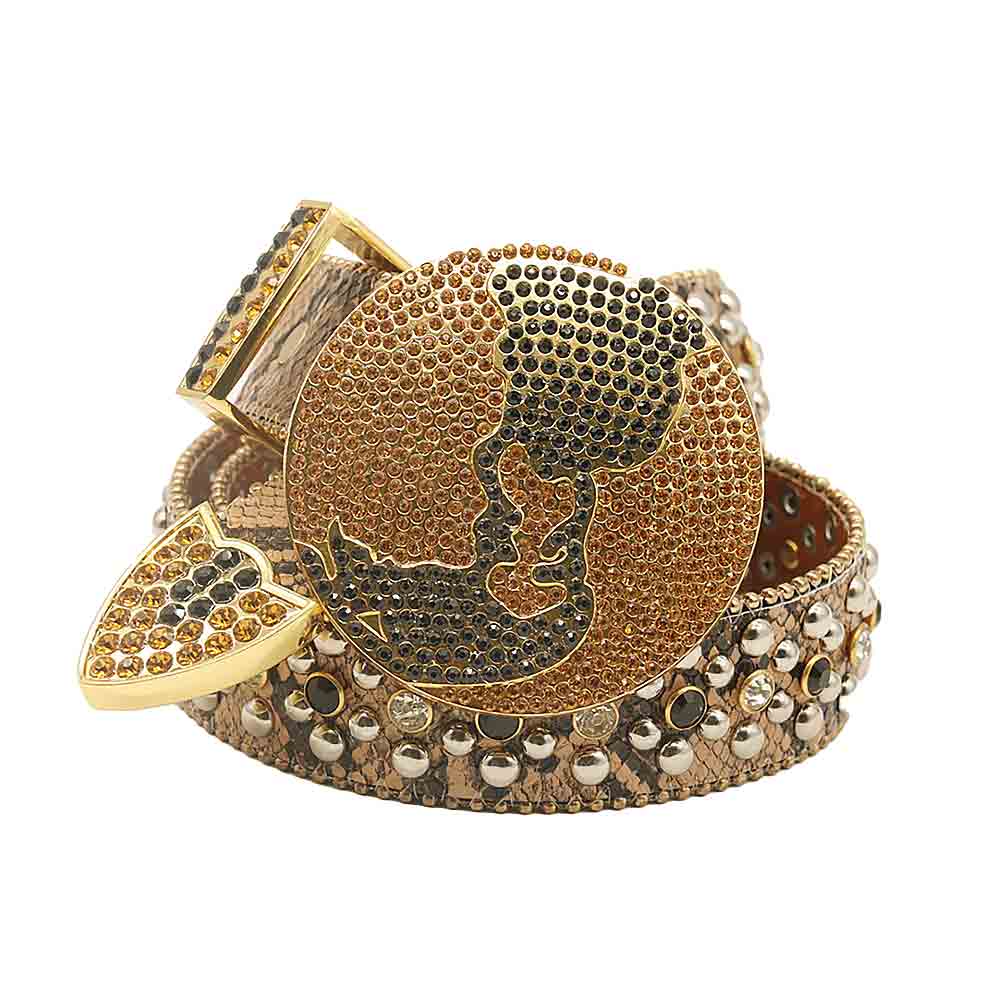 Globe Buckle Gold Strap With Black & Gold Encrusted Rhinestone Belt