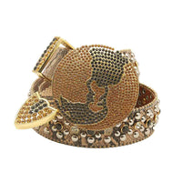 Globe Buckle Gold Strap With Black & Gold Encrusted Rhinestone Belt