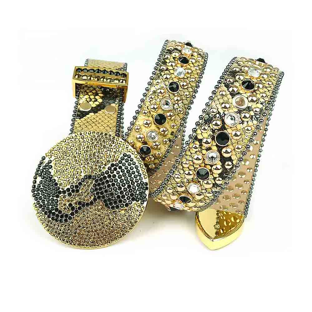 Globe Rhinestone Gold Belt And Black, Gold & Transparent Gems Big Globe Gold Buckle Adorned With Black & Gold Rhinestones