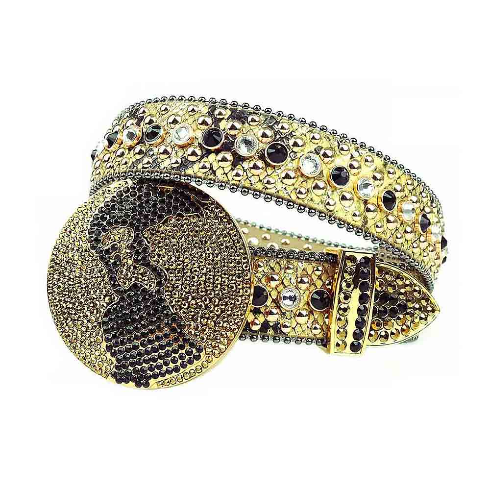 Globe Rhinestone Gold Belt And Black, Gold & Transparent Gems Big Globe Gold Buckle Adorned With Black & Gold Rhinestones