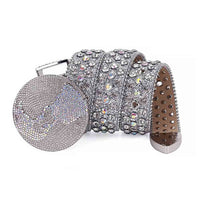 Globe Style World Buckle Silver White Strap With White & Multi Embellished Rhinestone Belt