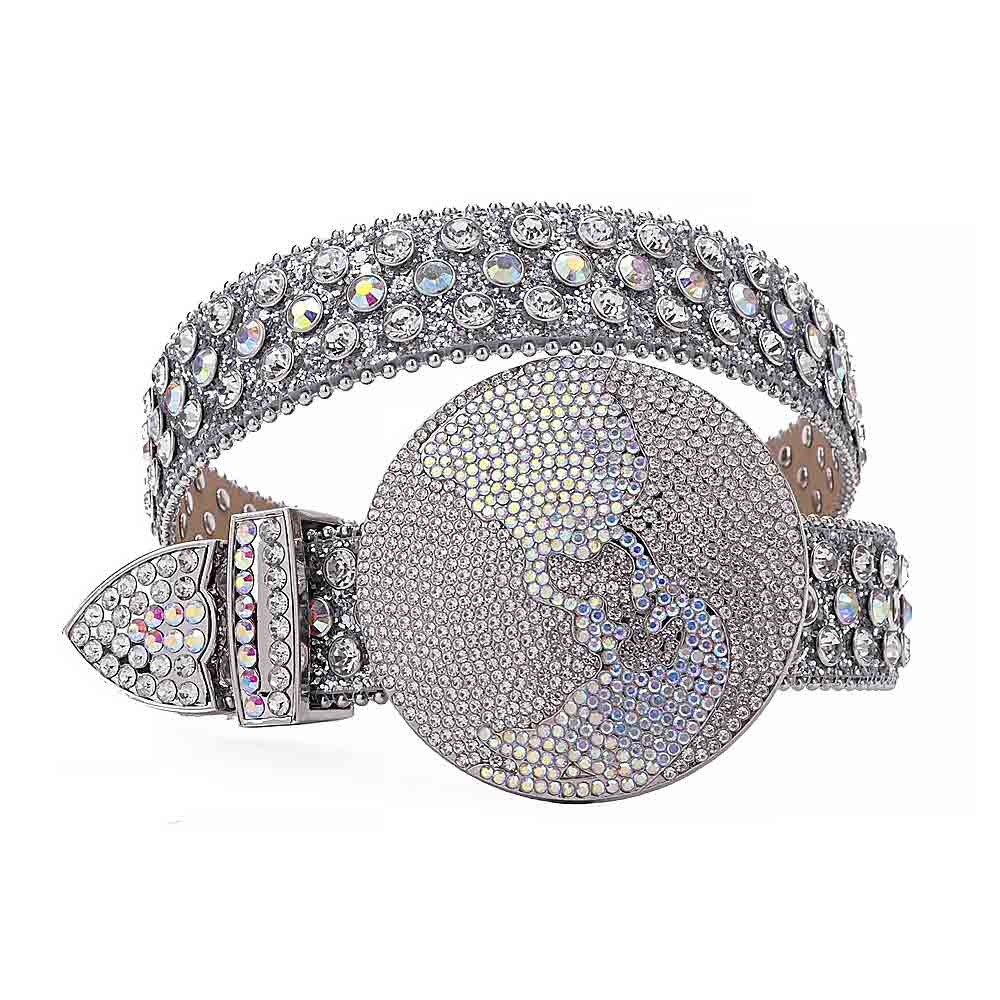 Globe Style World Buckle Silver White Strap With White & Multi Embellished Rhinestone Belt