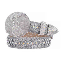 Globe Style World Buckle Silver White Strap With White & Multi Embellished Rhinestone Belt